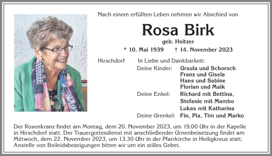 Traueranzeige von Rosa Birk von Allgäuer Zeitung,Kempten