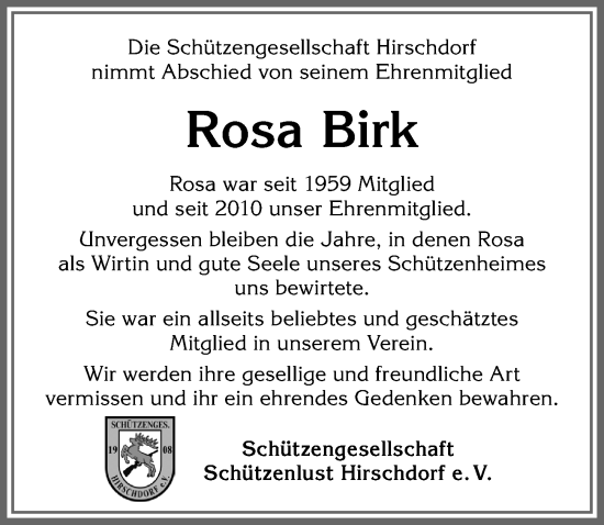 Traueranzeige von Rosa Birk von Allgäuer Zeitung,Kempten