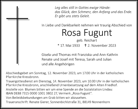 Traueranzeige von Rosa Fugunt von Der Westallgäuer