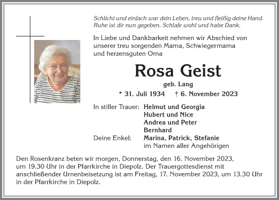 Traueranzeige von Rosa Geist von Allgäuer Anzeigeblatt