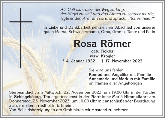 Traueranzeige von Rosa Römer von Memminger Zeitung