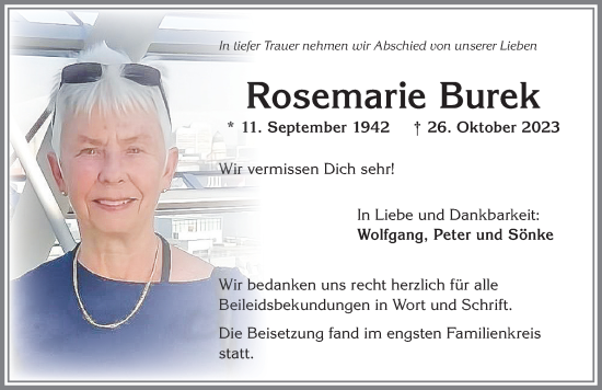 Traueranzeige von Rosemarie Burek von Allgäuer Zeitung,Kempten
