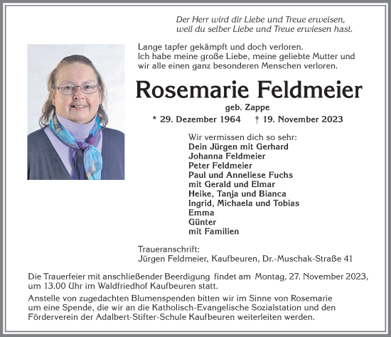 Traueranzeige von Rosemarie Feldmeier von Allgäuer Zeitung, Kaufbeuren/Buchloe