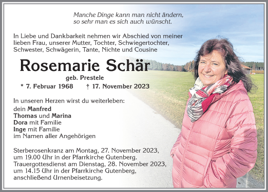 Traueranzeige von Rosemarie Schär von Allgäuer Zeitung, Kaufbeuren/Buchloe