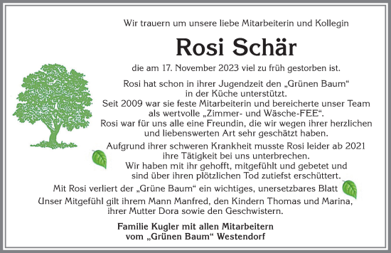 Traueranzeige von Rosi Schär von Allgäuer Zeitung, Kaufbeuren/Buchloe