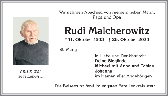Traueranzeige von Rudi Malcherowitz von Allgäuer Zeitung,Kempten