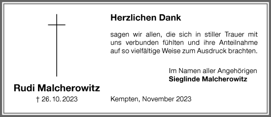 Traueranzeige von Rudi Malcherowitz von Allgäuer Zeitung,Kempten