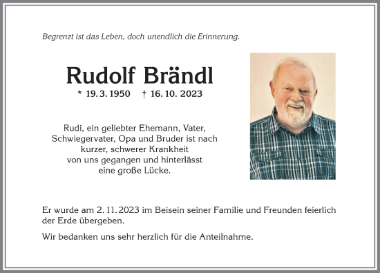 Traueranzeige von Rudolf Brändl von Allgäuer Anzeigeblatt