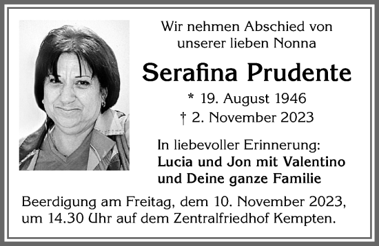 Traueranzeige von Serafina Prudente von Allgäuer Zeitung,Kempten