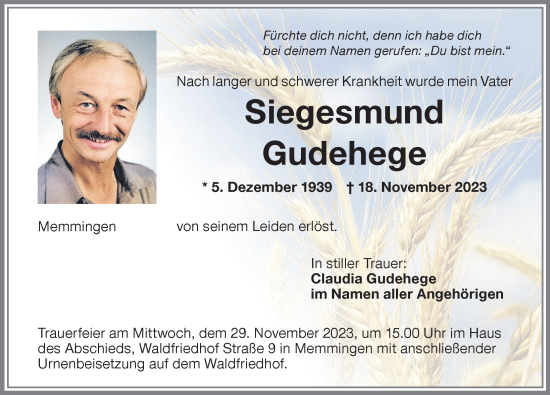 Traueranzeige von Siegesmund Gudehege von Memminger Zeitung