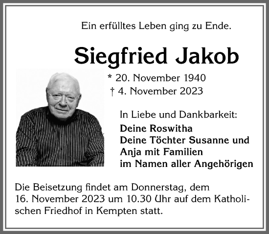 Traueranzeige von Siegfried Jakob von Allgäuer Zeitung,Kempten