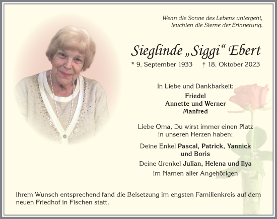 Traueranzeige von Sieglinde  Ebert von Allgäuer Anzeigeblatt