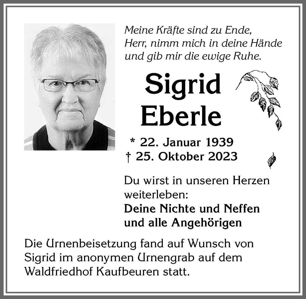  Traueranzeige für Sigrid Eberle vom 25.11.2023 aus Allgäuer Zeitung, Kaufbeuren/Buchloe