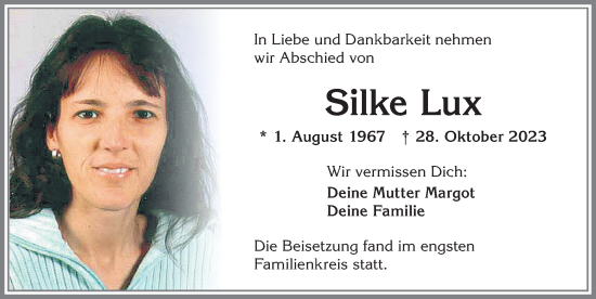 Traueranzeige von Silke Lux von Allgäuer Zeitung, Kaufbeuren/Buchloe
