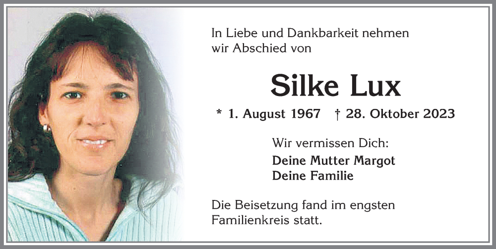  Traueranzeige für Silke Lux vom 25.11.2023 aus Allgäuer Zeitung, Kaufbeuren/Buchloe