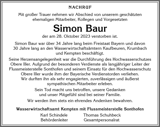 Traueranzeige von Simon Baur von Allgäuer Zeitung, Gesamtausgabe