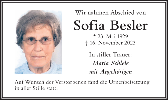 Traueranzeige von Sofia Besler von Der Westallgäuer