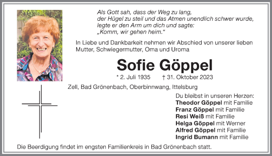 Traueranzeige von Sofie Göppel von Memminger Zeitung