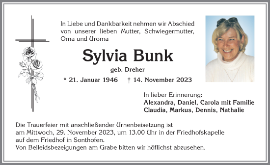Traueranzeige von Sylvia Bunk von Allgäuer Anzeigeblatt