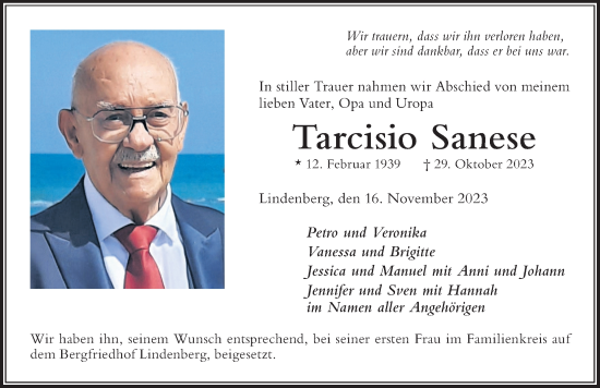 Traueranzeige von Tarcisio Sanese von Der Westallgäuer