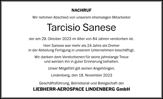 Traueranzeige von Tarcisio Sanese von Der Westallgäuer