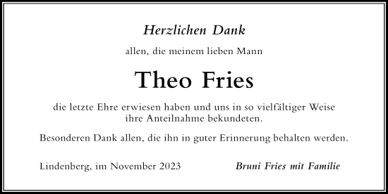 Traueranzeige von Theo Fries von Der Westallgäuer