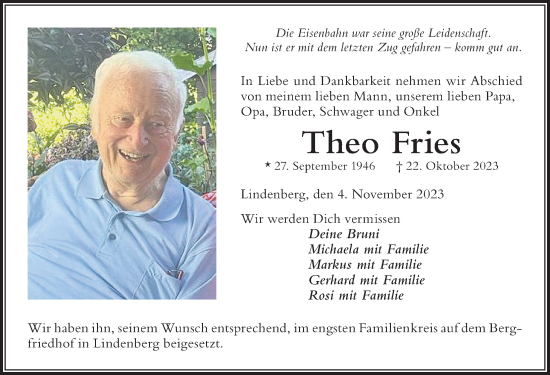 Traueranzeige von Theo Fries von Der Westallgäuer