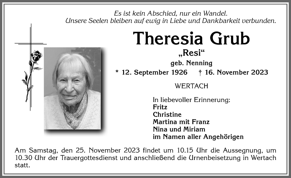  Traueranzeige für Theresia Grub vom 21.11.2023 aus Allgäuer Anzeigeblatt
