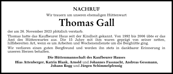 Traueranzeige von Thomas Gall von Augsburger Allgemeine, Mindelheimer Zeitung