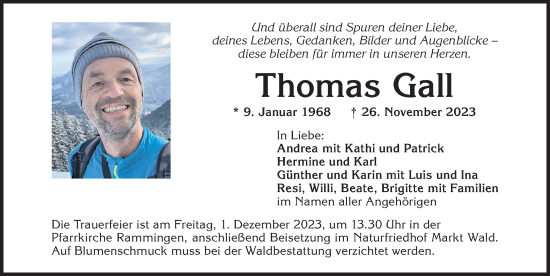 Traueranzeige von Thomas Gall von Mindelheimer Zeitung, Augsburger Allgemeine