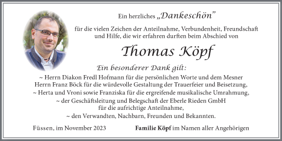 Traueranzeige von Thomas Köpf von Allgäuer Zeitung, Füssen