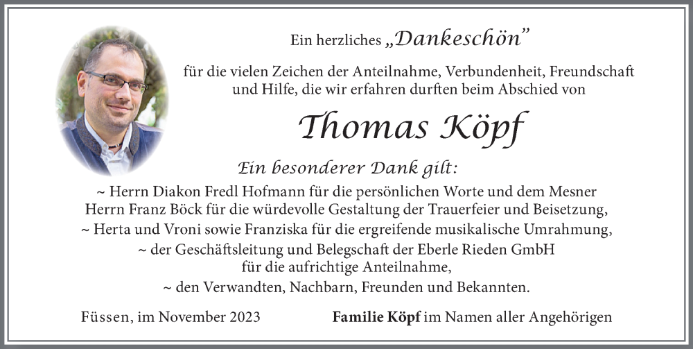  Traueranzeige für Thomas Köpf vom 11.11.2023 aus Allgäuer Zeitung, Füssen