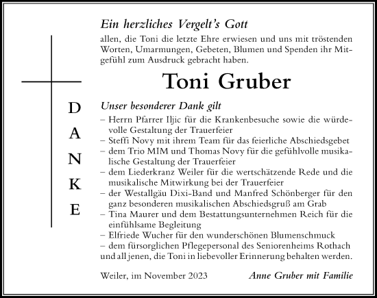 Traueranzeige von Toni Gruber von Der Westallgäuer