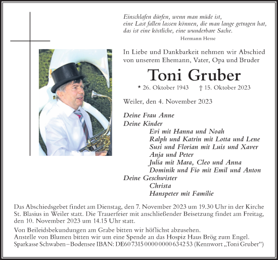 Traueranzeige von Toni Gruber von Der Westallgäuer