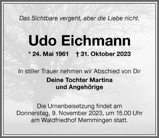 Traueranzeige von Udo Eichmann von Memminger Zeitung