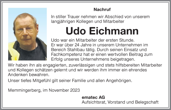 Traueranzeige von Udo Eichmann von Memminger Zeitung