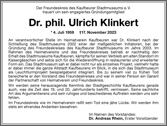 Traueranzeige von Ulrich Klinkert von Allgäuer Zeitung, Kaufbeuren/Buchloe