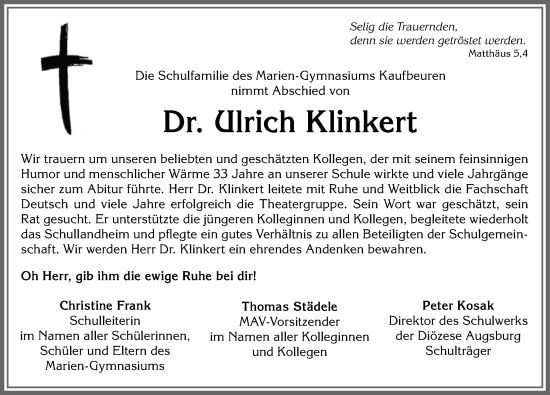 Traueranzeige von Ulrich Klinkert von Allgäuer Zeitung, Kaufbeuren/Buchloe