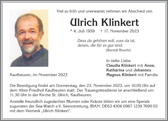 Traueranzeige von Ulrich Klinkert von Allgäuer Zeitung, Kaufbeuren/Buchloe
