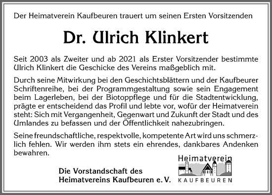 Traueranzeige von Ulrich Klinkert von Allgäuer Zeitung, Kaufbeuren/Buchloe