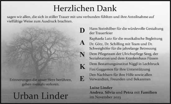 Traueranzeige von Urban Linder von Allgäuer Zeitung, Füssen