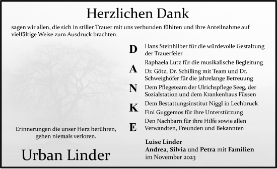 Traueranzeige von Urban Linder von Allgäuer Zeitung, Füssen
