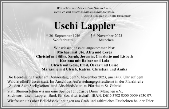Traueranzeige von Uschi Lappler von Allgäuer Zeitung, Füssen