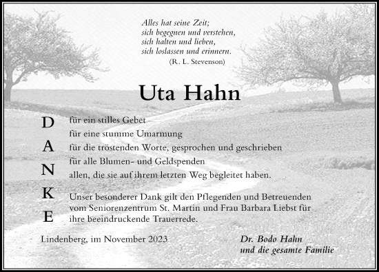 Traueranzeige von Uta Hahn von Der Westallgäuer