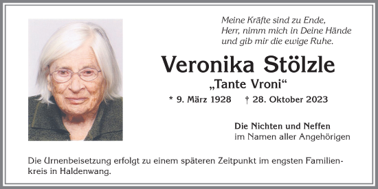 Traueranzeige von Veronika Stölzle von Allgäuer Zeitung,Kempten