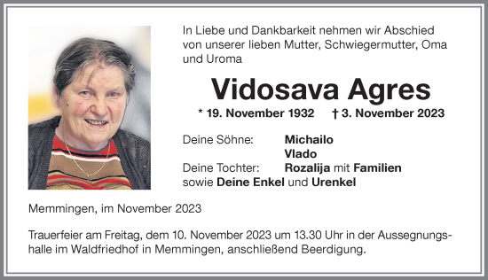 Traueranzeige von Vidosava Agres von Memminger Zeitung