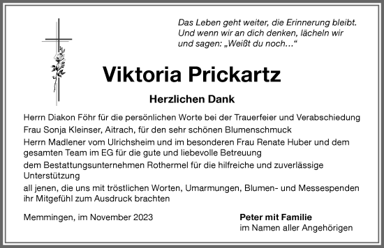 Traueranzeige von Viktoria Prickartz von Memminger Zeitung