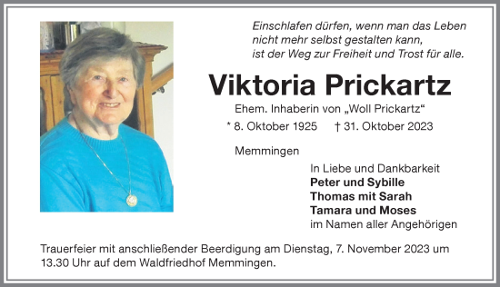 Traueranzeige von Viktoria Prickartz von Memminger Zeitung