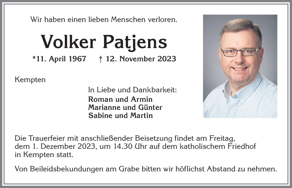  Traueranzeige für Volker Patjens vom 18.11.2023 aus Allgäuer Zeitung,Kempten