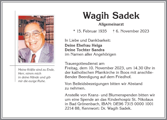 Traueranzeige von Wagih Sadek von Memminger Zeitung